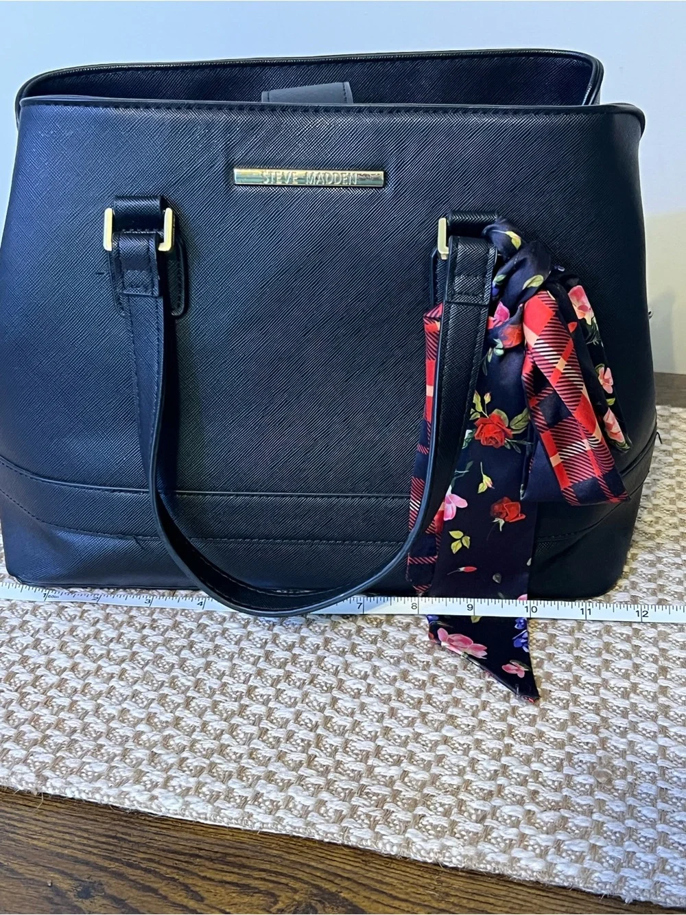 Steve Madden Black Textured Dome Satchel Tote Purse with Floral Scarf Charm